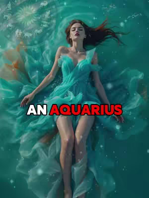 A woman with flowing auburn hair and a teal dress is depicted in a serene setting. The woman is positioned centrally, floating in what appears to be a sea or water, with a backdrop suggesting a swirl of stars and astrological symbols. The dress spreads out around her, accentuating the fluid and ethereal nature of the scene. The text overlay reads 'AN AQUARIUS'.