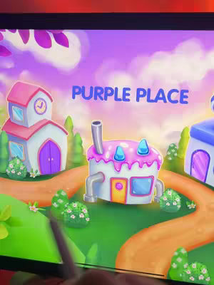 The cover image displays a vibrant, cartoonish scene from a game. The background is a gradient of purple and blue representing a sky with fluffy clouds. In the foreground, there are three stylized buildings or structures that appear to be houses or shops. The central building is white and has a pink icing-like roof with blue accents. To its left, slightly further back, is a white building with a pink roof and clock. To its right is a blue building with a matching roof. They are set on a green grassy surface, with a pair of orange paths leading towards them. White, stylized bushes are dotted throughout the green ground, giving the whole scene a warm, whimsical mood.