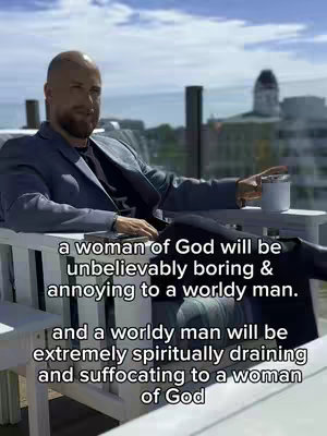 A man in a blazer sits on a white chair, holding a white mug. Text overlays the image.