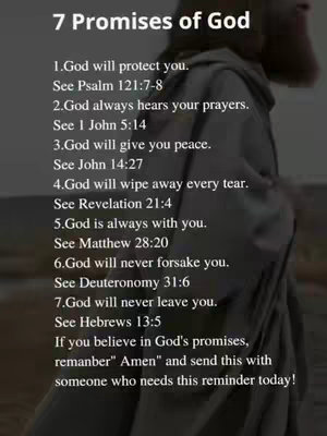 The image features a list titled '7 Promises of God' in bold text at the top. Below, a list of seven promises is detailed, each starting with 'God will'. The background slightly blurs a figure with a portion of a shoulder and back visible.