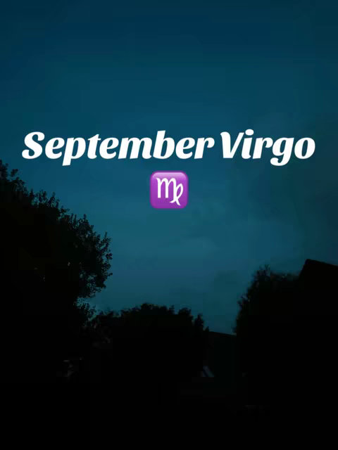 The image features a dark blue sky with silhouettes of trees and buildings at the bottom. In the center is the text 'September Virgo' in white, stylized font with a purple Virgo symbol below.