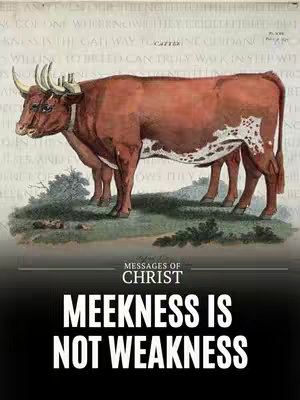 The cover image is horizontally oriented, featuring a watercolor illustration of a brown and white cow standing in a grassy field. Above the cow, faint text in a faded, handwritten font is visible. Below the cow is a black band with white text that reads 'MESSAGES OF CHRIST' in a smaller font, and below that, the text 'MEEKNESS IS NOT WEAKNESS' in a bolder, larger font, also in white. The overall composition integrates an illustration with text.