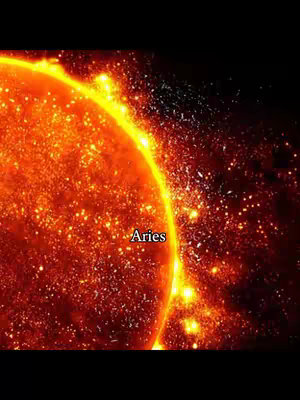 The image showcases a vibrant, fiery celestial body, possibly a sun or star, dominating the frame with its bright, orange and red hues. Swirling textures suggest intense heat and energy. In the lower center, the word "Aries" is written in a simple white font.