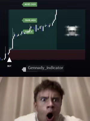 The cover image captures a split screen. On top, a screen displays what appears to be a trading chart with fluctuating lines and data, along with the skull icon at the right. Below, a man with wide, shocked eyes and an open mouth.