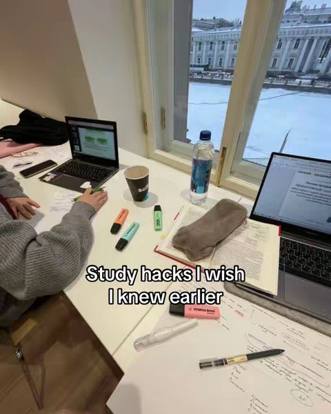 The cover image shows a desk with study materials and two laptops. The scene is near a window overlooking a wintry outdoor view. Text overlayed on the image reads, "Study hacks I wish I knew earlier."