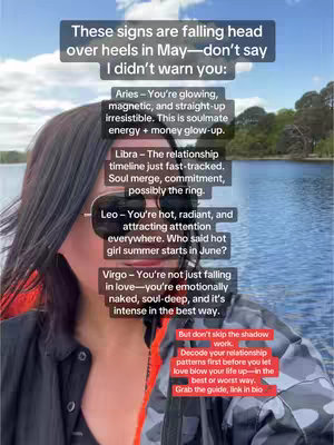 The cover image shows a woman with dark hair, sunglasses, and an orange top, standing with a lake and trees in the background. Overlaid text provides astrological insights.