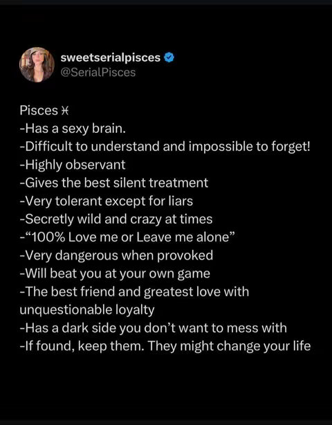 A black background with white text, displaying a list of characteristics associated with the Pisces zodiac sign. There is a profile picture of a female in a circle at the top left.
