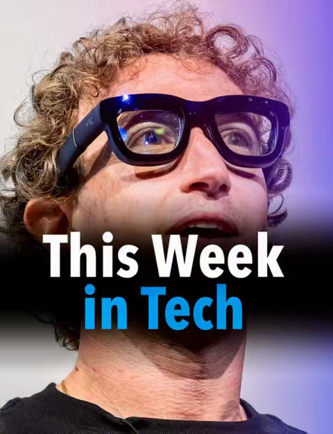 A close-up shot of a person wearing smart glasses, looking up with an open mouth. The foreground features the person's face with curly hair, and the background is a gradient of purple and white. Text overlay states 'This Week in Tech'.