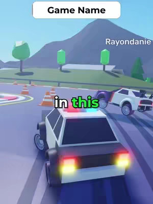 The cover image is a vibrant, cartoonish scene from a racing game, with a police car in the foreground. The car is black and white, with flashing red and blue lights on top. It's partially inside of a race circuit that has orange traffic cones. The background features a light blue sky, green trees, and a rolling blue-purple mountain in the distance. Two other cars drive nearby as well. Above the car is the beginning of the game title in white text inside a white rectangle.