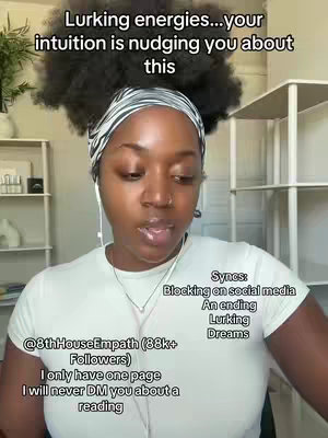 The cover image features a dark-skinned woman with an afro and a patterned headscarf. She is wearing a white t-shirt and has earphones in. The background is a neutral color with a shelf visible. Text overlays include phrases like "Syncs: Blocking on social media, An ending, Lurking, Dreams" and a disclaimer about direct messages.