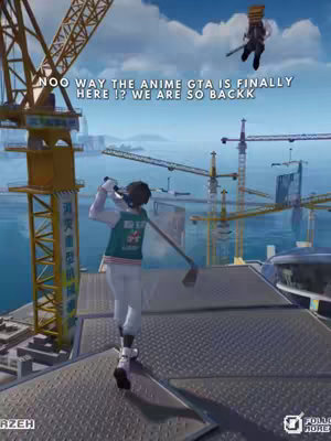 A video game scene showing a character in a white outfit about to hit a golf ball, set against a cityscape with construction cranes. A second character is flying in the background. Text overlayed on the image.