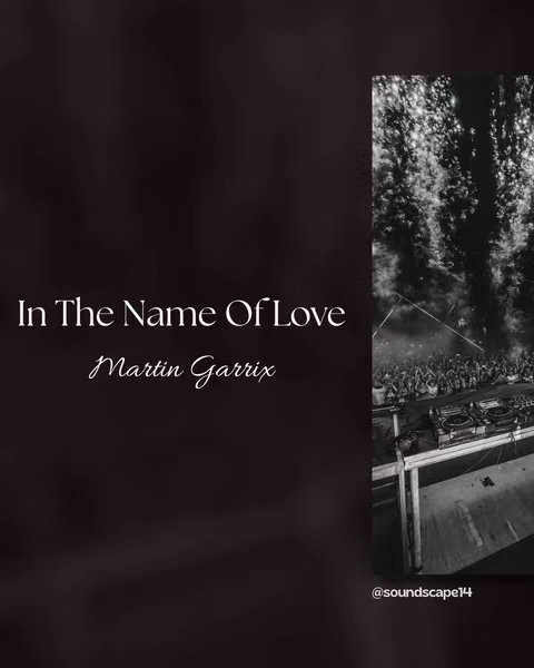 The cover image is divided into two parts, showcasing contrasting elements. On the left, a dark, solid background fades into black. Centered on this black area, white text displays the song title "In The Name Of Love" in a bold, elegant font and below the song title, in a more cursive style Martin Garrix name appears. On the right side, it shows grainy, black and white footage of a concert with the lights and crowd. At the bottom-right corner, a username overlays the footage. The contrast between the text and concert image creates visual interest.