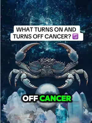 The image is a digital art piece. The foreground features a detailed, textured crab with large claws and many legs, centered over a large, round, shimmering white pearl-like object. Below the pearl, there's a cluster of crystalline formations in varying shades of blue, purple, and clear, creating a sense of depth and complexity. Behind the crab, there is a dark blue background filled with a faint, glowing pattern that suggests a celestial or cosmic setting. A text overlay in a white rectangular box at the top says 'WHAT TURNS ON AND TURNS OFF CANCER?' with the Cancer zodiac symbol. Below the crab 'OFF CANCER' is in green letters.