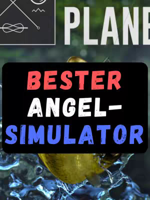 Cover image with the title "BESTER ANGEL-SIMULATOR" in bold, white text with red and blue highlights, against a black background. The text is overlaid on an image of water and possibly a fish. The background contains the words "PLANET" possibly the name of the game, with a green background, with some other graphic elements.