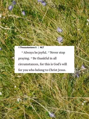 The cover image shows a field of grass with scattered purple flowers. Overlaid is a white rectangular box containing a bible verse from 1 Thessalonians 5:16.
