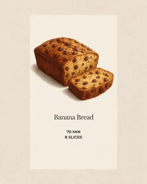 An illustrated image of banana bread. The bread is in a rectangular loaf shape with chocolate chips on top. A slice has been cut from the loaf lying next to it. The image has a cream colored background and a white border around the central image.
