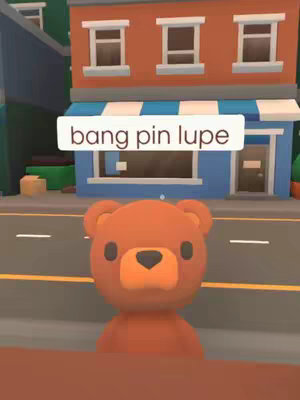 A low-angle, cartoon-style image features a stylized, round brown teddy bear character centered in the foreground. The bear has large, dark eyes and an orange nose. Behind the bear, a street scene unfolds with buildings colored in shades of orange and blue, with a sign that reads as the hook overlayed at the top.