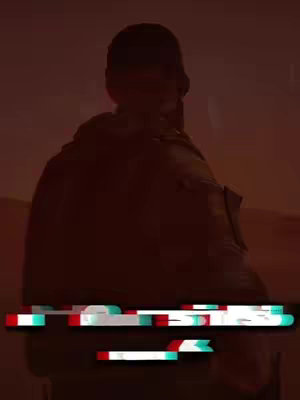 The cover image shows the silhouette of a figure, presumably a soldier, against a desert backdrop. The dominant colors are shades of brown and orange, with a glitch effect overlaying the image. The glitch effect appears to be layered over the other elements to create a technological or distorted aesthetic. The overall lighting suggests a warm sunset or sunrise.