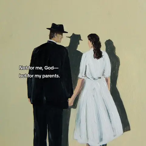 An artistic illustration featuring a couple in vintage attire, holding hands and turned away from the viewer. The man, on the left is wearing a dark suit and hat, while the woman is in a white dress. Behind them are silhouetted figures, and the background is a solid, muted yellow.