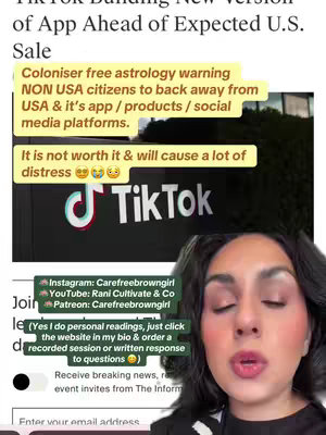 The cover image is a vertical shot combining text overlays and the creator's live video. The background features a section of a building, with the stylized 'TikTok' logo prominently displayed. Overlays in yellow blocks contain advisory text, mainly warning non-USA citizens away from USA apps and social media platforms. The creator, a woman with medium skin tone and dark hair, is filmed from the chest up, with her face at the bottom center of the image. She is wearing a dark top with a neutral background and appears to be elaborating on the text within the image.