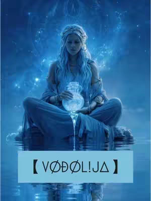 A digitally created image of a woman in a serene aquatic setting. She is seated cross-legged, wearing flowing blue attire and a headpiece, suggesting a spiritual or ethereal theme. She holds a glowing, transparent vessel with water spilling from it. The background is a gradient of deep blue, with subtle details of light and water creating a mystical atmosphere, further enhancing the composition.