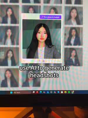 A computer screen displays a grid of images, featuring a central highlighted image within a frame. The core image showcases a woman with dark hair and a professional attire, a grey blazer and a white shirt, set against a light teal background.