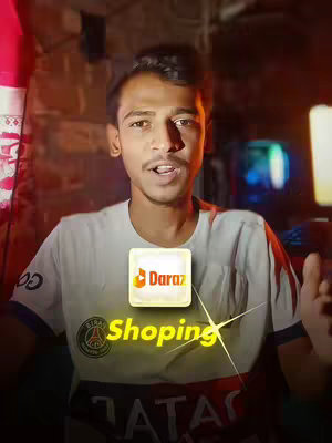 A young man is centered, directly facing the viewer. He's wearing a white t-shirt with a partial logo on the top-left. The overlayed text and graphics indicate products with a Daraz logo at the center. Behind, details are slightly blurred.