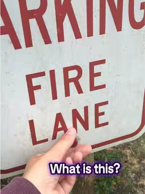 The image shows a hand pointing at a white sign with red lettering. The sign says 'FIRE LANE' in large, bold font. Above the 'FIRE LANE' text is a portion of another word, likely 'PARKING'. The background is slightly blurred and shows green foliage. A text overlay with the question 'What is this?' is added near the bottom using a purple text with a shadow effect.