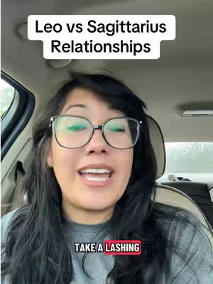 A woman is seated in a car, facing the camera and speaking. The background shows the interior of the car, including the dashboard and seats. Text overlays appear on the screen, indicating the video's topic. The woman appears to be giving a commentary on a topic related to astrology, specifically focusing on the relationships between the zodiac signs.