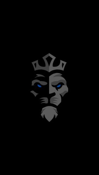 The cover image features a stylized lion's head composed of two halves, one in a darker tone and the other in a lighter grey, with a regal crown above. The background is solid black. The lion's eyes are blue.
