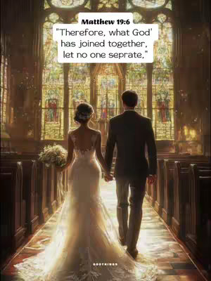 The image features a couple walking in a church aisle. A bride in a white wedding dress, holding a bouquet, is seen from the back, holding hands with the groom who is dressed in a black suit. Sunlight streams through the stained-glass windows, illuminating the path ahead. Text overlays at the top.