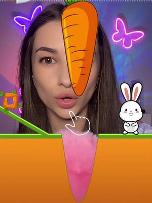 The cover image features a young woman with long brown hair and a fair complexion, whose face is partially obscured by a large orange carrot. The background is a soft gradient of purple and blue, adorned with neon butterfly and carrot-shaped lighting. A cartoonish white rabbit is positioned on the right, while a hand cursor graphic points towards a pink shape that resembles a carrot's tail at the bottom.