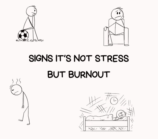 The image is a simple illustration with a light beige background and no color. It is split into quadrants containing drawings of stick figures in various postures. The upper left shows a figure with a ball, looking concerned. The upper right shows a figure sitting in a chair, also concerned. The lower left shows a figure with steam coming off the head, looking dejected, and the lower right shows a figure in bed with lines around, the face looking worried. There is text in the center of the image in a bold font.