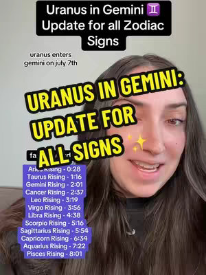 A cover image featuring a woman smiling, with overlaid text in a stylized format. The text includes information about 'Uranus in Gemini' and updates for zodiac signs. The woman is fair-skinned with long brown hair. She's positioned in the lower portion of the frame with a warm, inviting background.