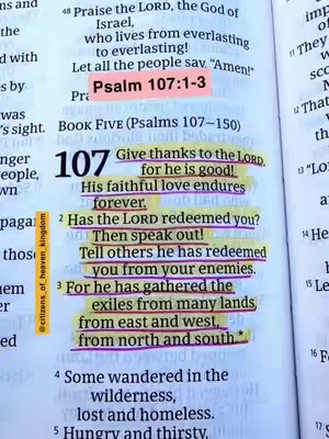 A page from a Bible is shown, with text highlighted in yellow and pink. The title "Psalm 107:1-3" is highlighted in a pink rectangle, and the verses are marked with yellow highlighting. 