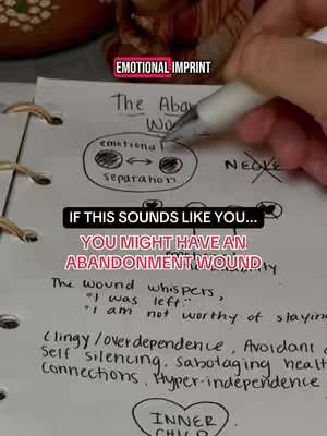 The cover image shows a close-up view of a notebook page with handwritten notes and diagrams. The layout features a central diagram labeled "The Abandonment Wound," with two interconnected circles and other related terms. Handwriting fills the page, including phrases like "If this sounds like you..." and "You might have an abandonment wound." Additionally, a hand is visible in the frame, holding a pen and pointing at the diagram with the text overlayed.