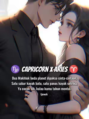 An anime-style illustration of a man and woman in an embrace, with the man in a black suit and the woman in a black dress. Text overlays include titles and a description about zodiac signs.