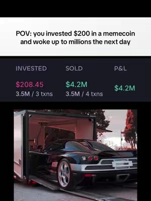 The image shows a futuristic sports car being unloaded from a trailer. Above, there's text indicating the financial outcome of a hypothetical $200 investment in a memecoin, showing significant gains with the car in the background symbolizing wealth.