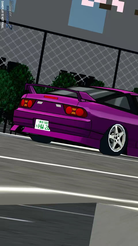 The image showcases a stylized side view of a purple sports car on a road. The car has a spoiler, tinted windows, and custom wheels. The background includes a chain-link fence and foliage, suggesting a highway or urban setting. The car is angled, implying movement along the road.