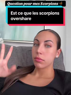 A woman with dark hair and light eyes is seated and looking at the camera. There is a text overlay with a teal and red segmented background. The text reads 'Question pour mes Scorpions' and 'Est ce que les scorpions overshare'.