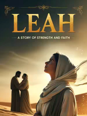 The cover image depicts a woman in a white head covering looking upwards with an expression of reflection against a desert landscape background. The woman is in the right foreground. A couple is vaguely visible in the distance, embracing. Overhead, the text "LEAH" is in gold block letters, above a description of the story.