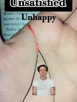 The cover image shows a hand with the palm facing up. Within the palm, there are red lines resembling wounds. Below the hand, a man with short dark hair wearing a white t-shirt is present.. Text overlays the image, with "Unsatisfied" at the top and "Unhappy" in the middle. Behind the hand, a blurry image of text.