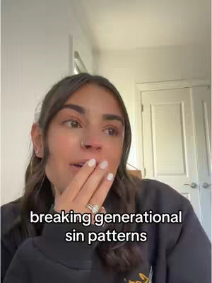 The cover image shows a young woman with dark hair looking off to the side with a look of surprise or concern. She has her hand covering her mouth, displaying white nail polish and rings on her fingers. Text overlay appears beneath her face, in a white sans-serif font, reading "breaking generational sin patterns". The background shows a blurred interior with a door.