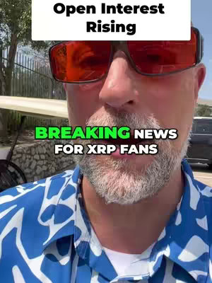 A man wearing sunglasses and a patterned shirt is the central focus, standing outdoors. The man's face is partially visible, with the upper part of his face, including his sunglasses, taking up much of the frame. Above him, there's a text overlay in a white rectangle that reads "Open Interest Rising". Below his face is text in a neon green rectangle that reads "BREAKING NEWS FOR XRP FANS". In the background, a golf cart and a fence are visible.