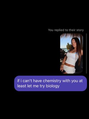 The image is a screenshot of a text conversation interface. On the right, there's a photo of a woman in a white top and shorts, reclining in a tropical setting. Below, a purple text bubble says, 'if i can't have chemistry with you at least let me try biology.' The background is blurred, showing more of the vacation.