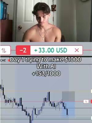 A shirtless young man is seated in front of a door, with overlaid content showing a stock trading chart. Text overlays indicate the day 1 progress of a trading endeavor, along with AI-related data and a profit/loss indicator.