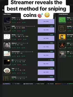The image shows a mobile app interface with multiple listings of cryptocurrency coins, various metrics, and a text overlay. The primary color scheme includes dark backgrounds with purple and white elements. The layout presents a list of various cryptocurrencies with their tickers, and other performance data.