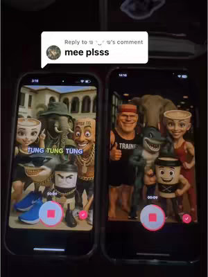 Two smartphones side by side displaying cartoonish characters on their screens. The left phone shows a group including a shark with sunglasses, a coffee cup character, and others. The right phone has a different set of characters. A comment bubble with text is at the top. Below the screens, pink circular icons are present.