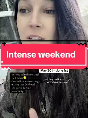 The cover image features a woman with dark hair, wearing a nose ring, looking slightly concerned or contemplative. Text overlays are placed over the image, including a prominent red banner that says 'Intense weekend'. Below, bullet points describe associated elements of the astrological forecast, and the date range is indicated. The overall visual style is typical of social media content, with a focus on text and the creator's expression.