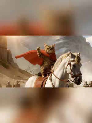 A digital illustration depicts a cat riding a white horse. The cat is dressed as a knight, wearing a red cape and raising its paw in a charging gesture. The horse is in mid-gallop. The background is blurred, suggesting a battlefield or mountainous landscape. The video has an overlay of text with the  'Vidu AI' watermarks in the bottom right corner.